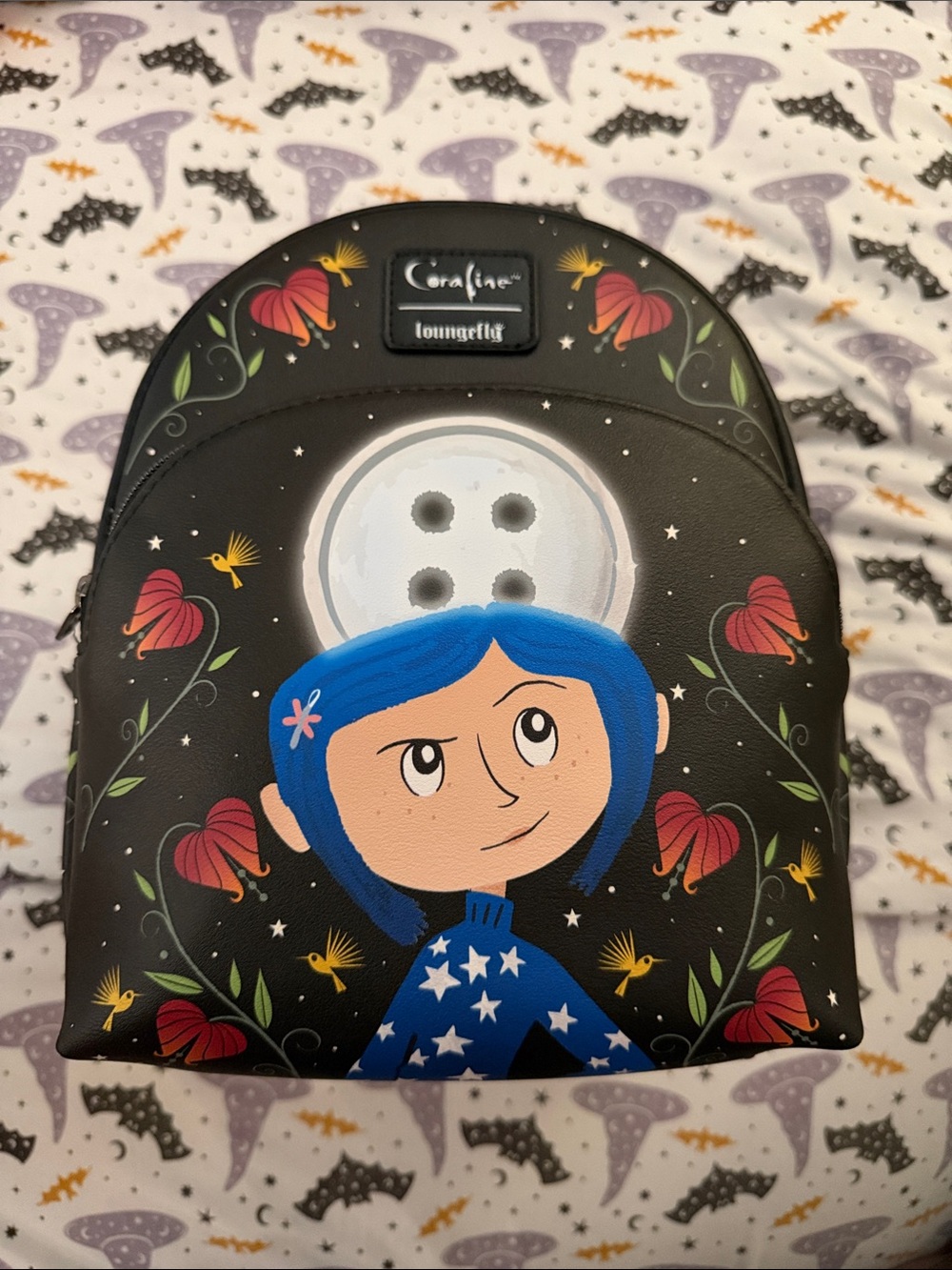 Loungefly Black Mini Backpack with Blue-Haired Girl and Floral Design
